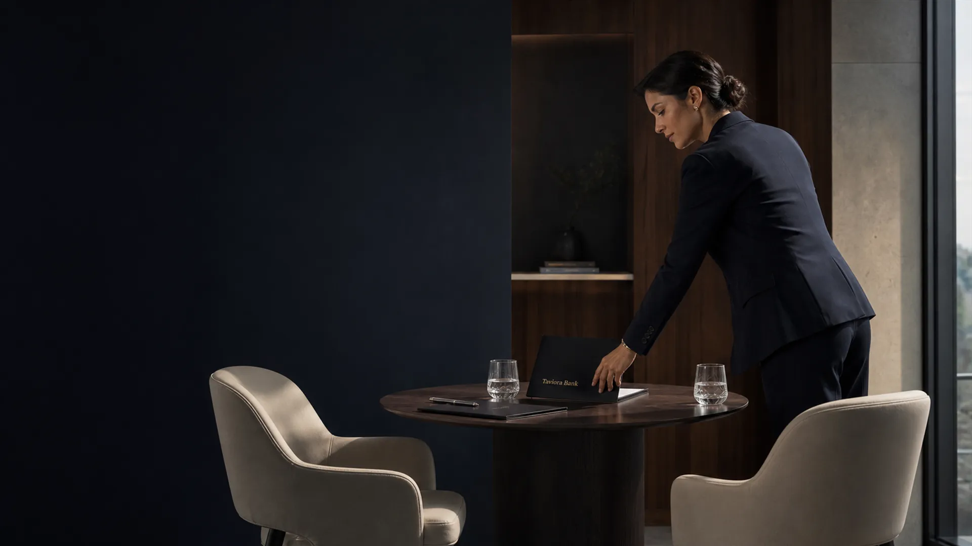 An adviser preparing a meeting table with a Taviora Bank folio and water glasses