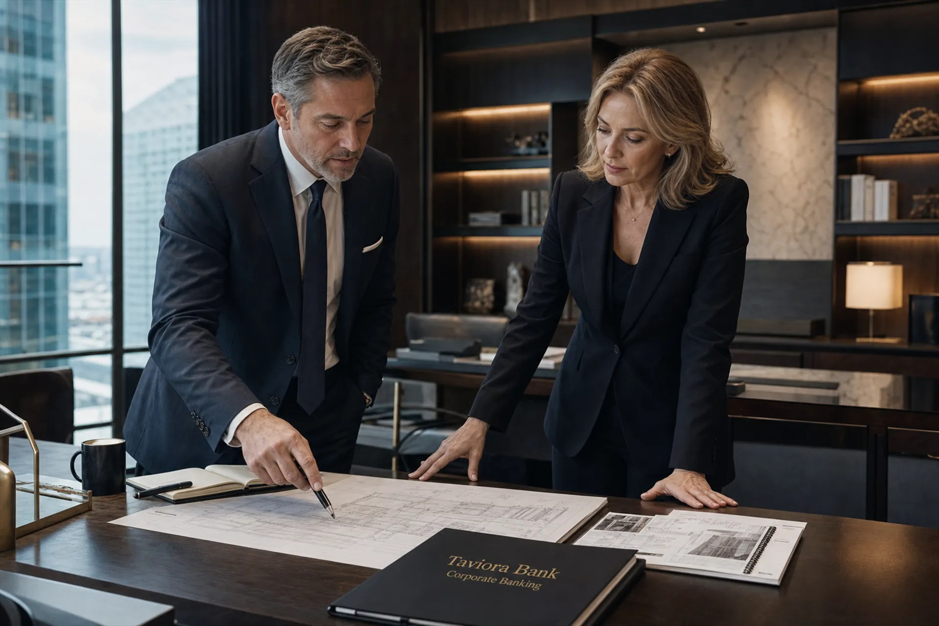 Two colleagues reviewing plans over a desk in a corporate office