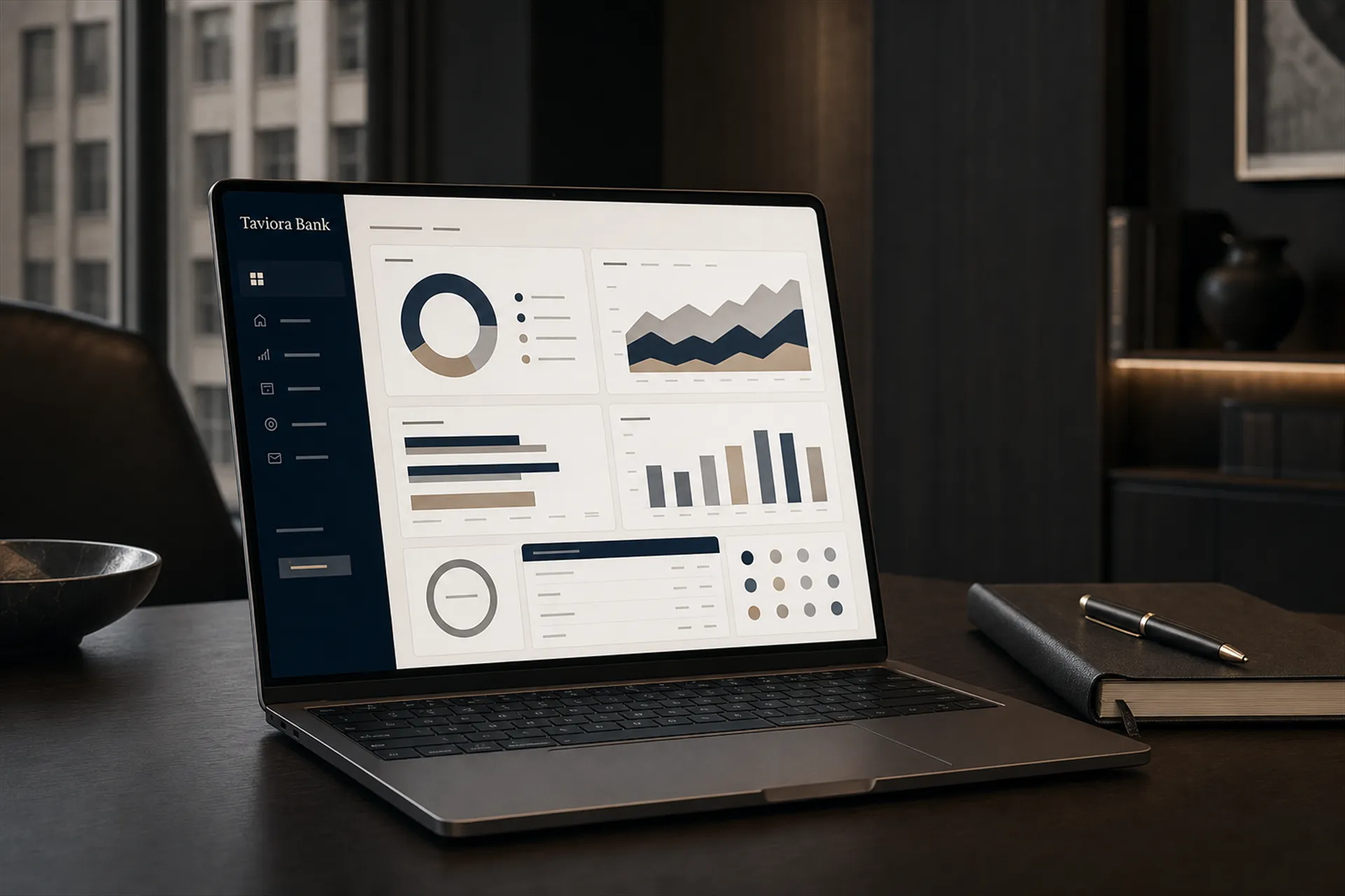 Taviora Bank desktop dashboard open on a laptop in a dim office