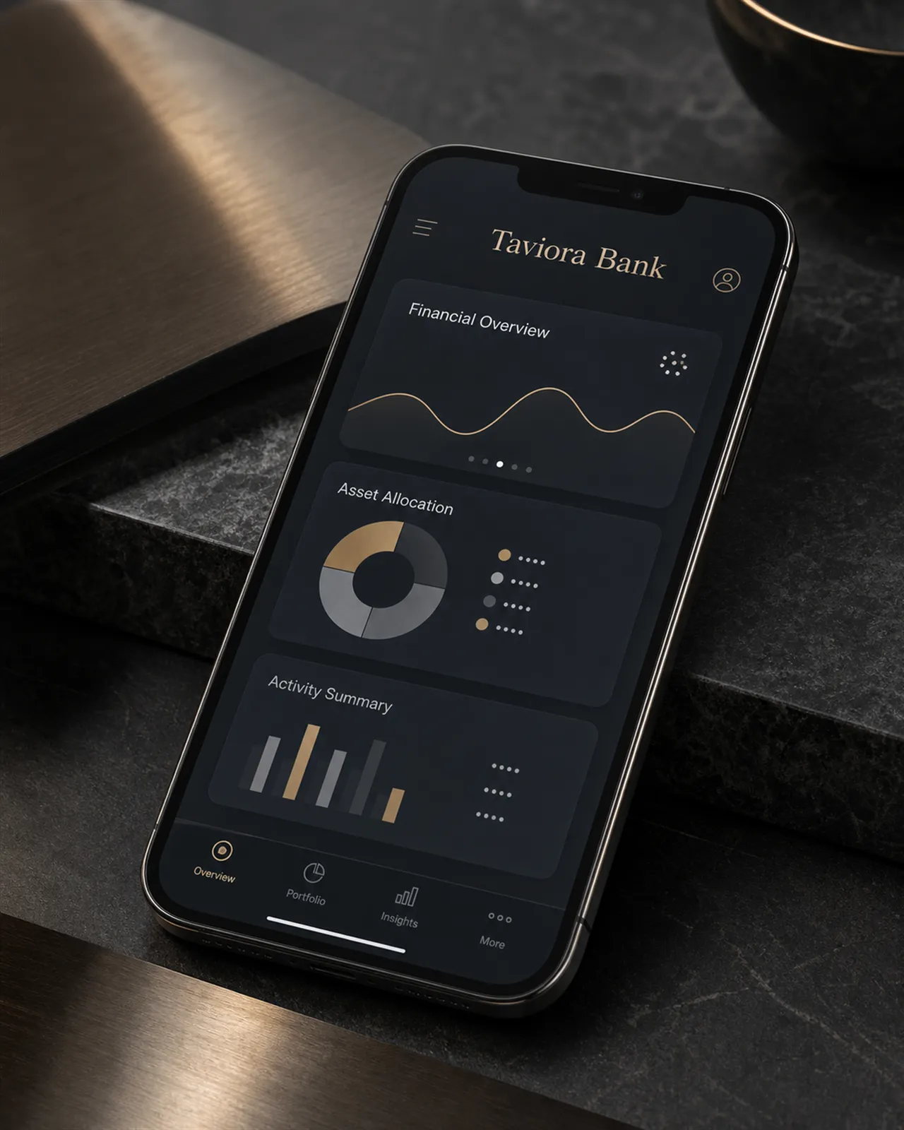 Taviora Bank mobile app on a phone resting on dark marble — overview, allocation and activity