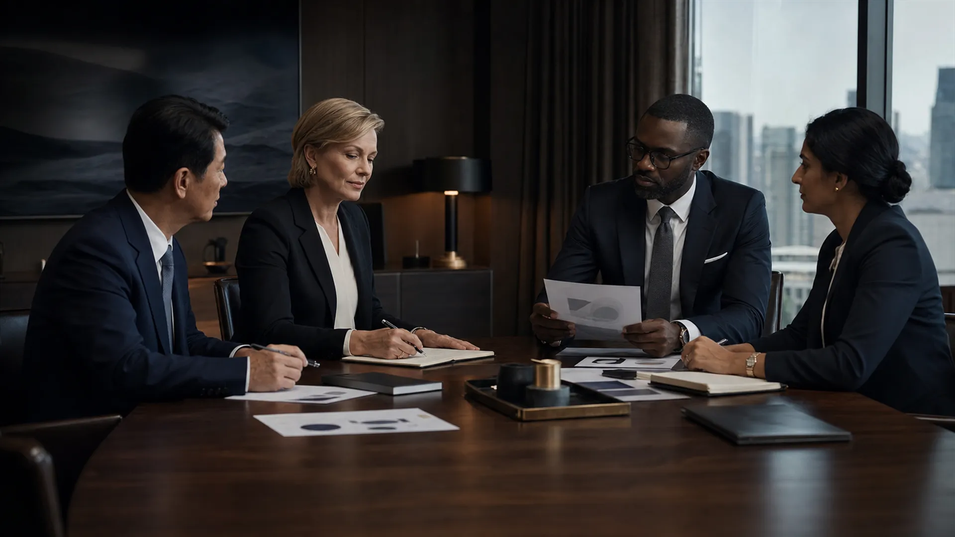 Four executives in discussion around a dark boardroom table