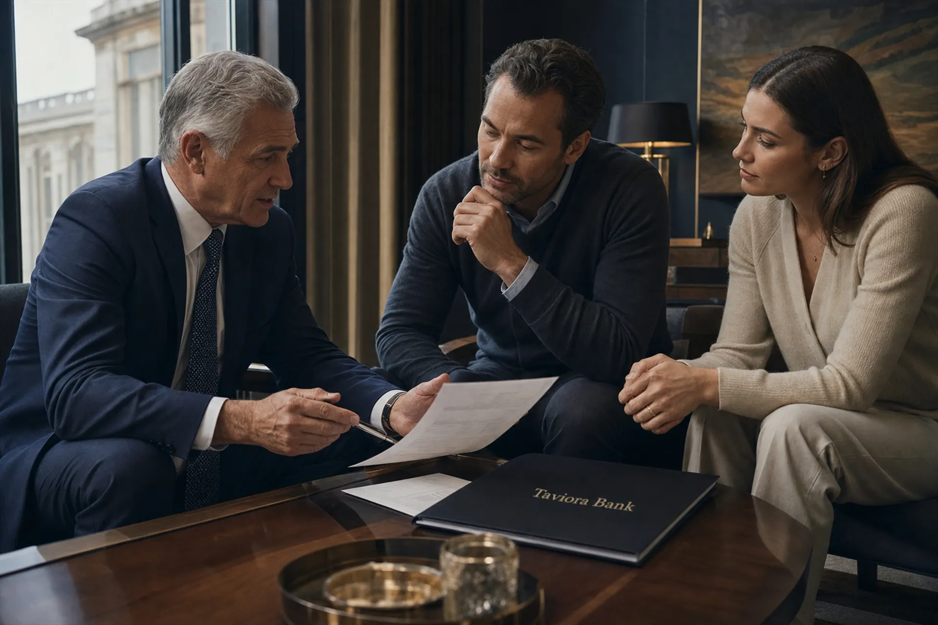An adviser reviewing documents with a couple in a quiet study