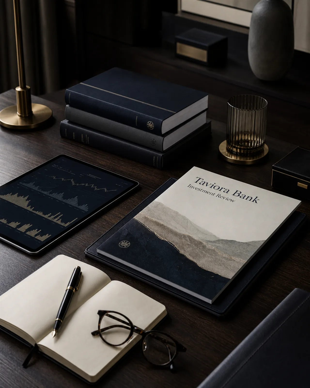 Investment research desk with a Taviora Investment Review, a tablet of charts and a fountain pen