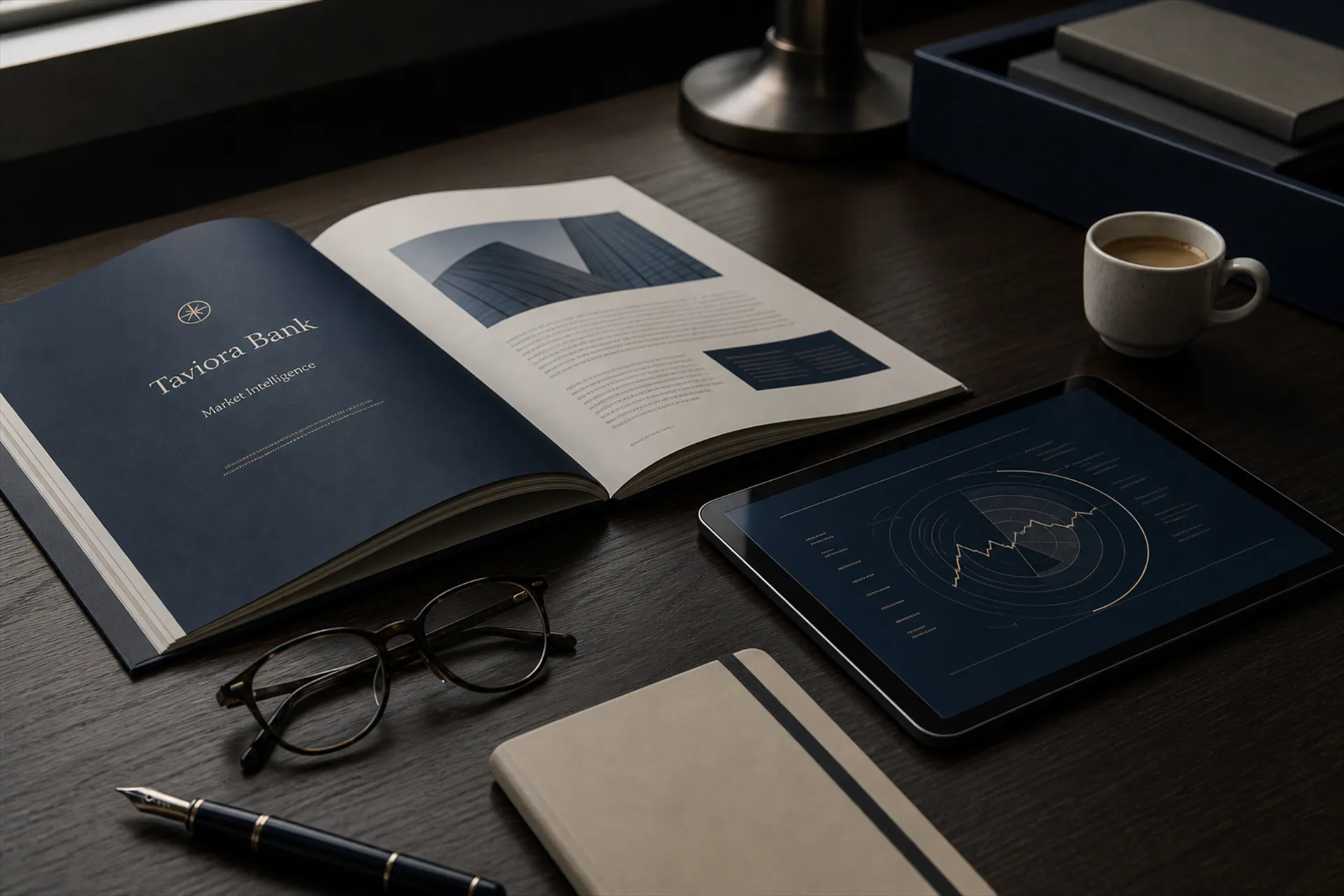 Taviora Market Intelligence journal open beside a tablet and espresso