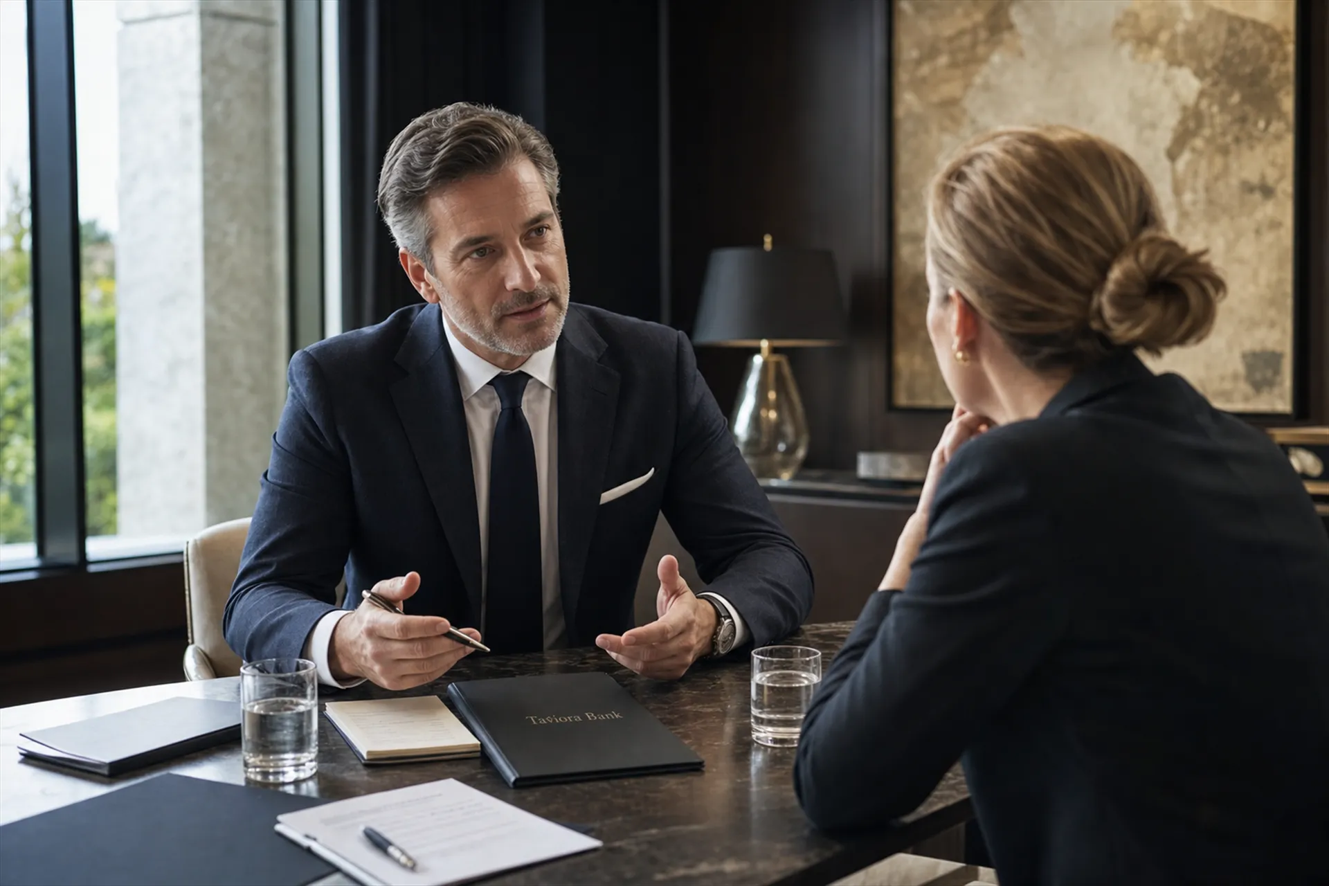 A private banker in conversation with a client across a marble table