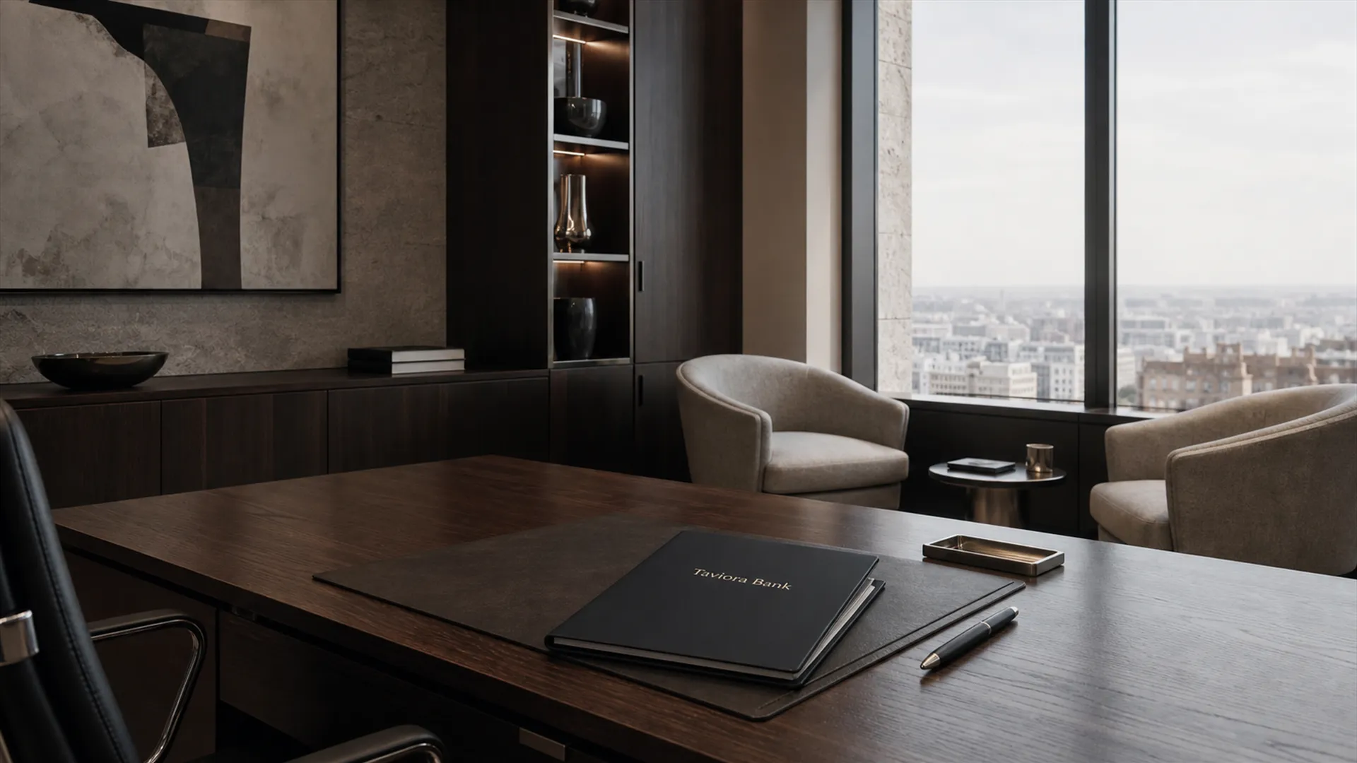 Quiet executive office with a Taviora Bank folio on the desk and the city beyond
