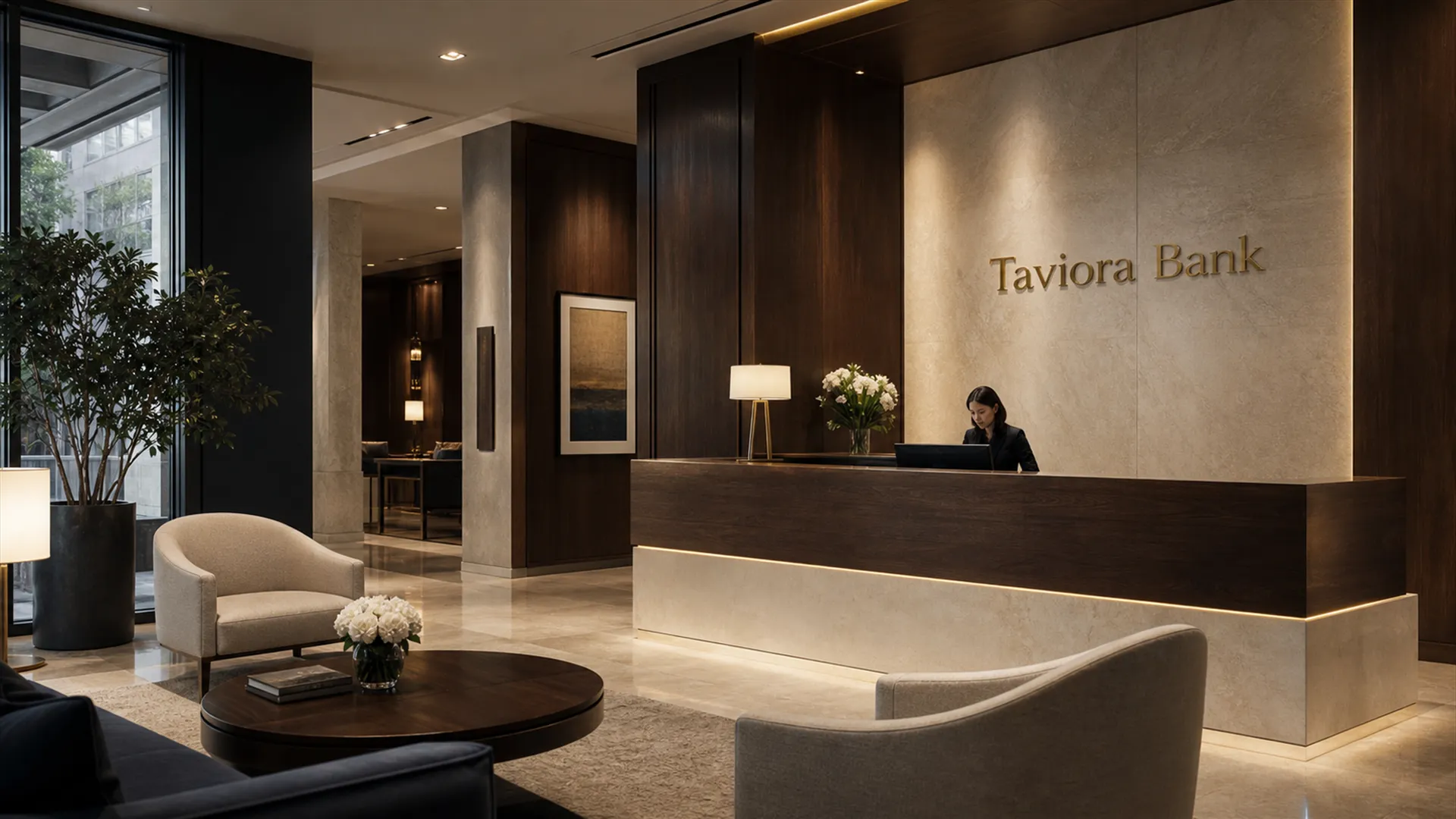 Taviora Bank reception — travertine, dark walnut and brass lettering, a receptionist at the desk