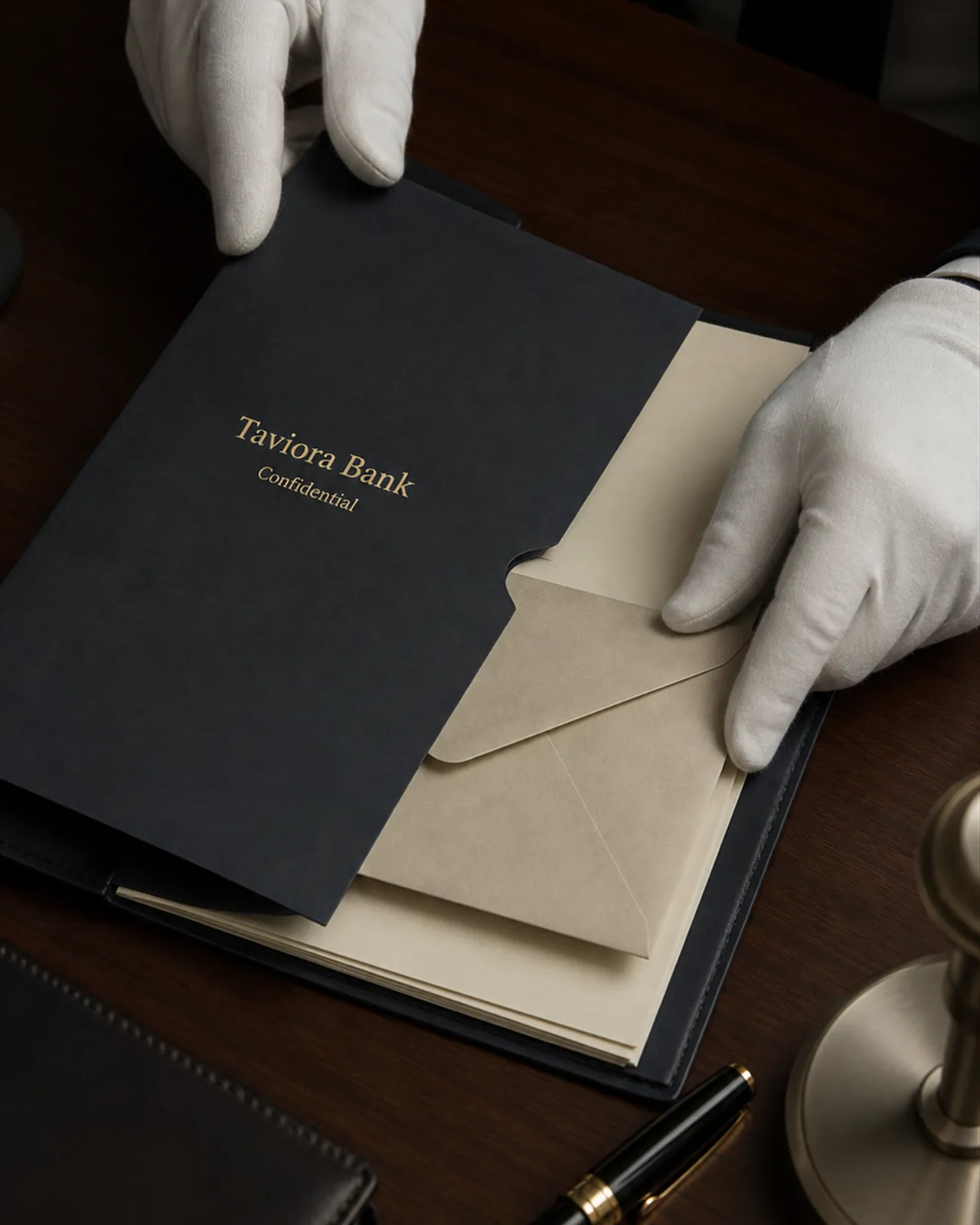 White-gloved hands placing an envelope into a Taviora Bank confidential folder