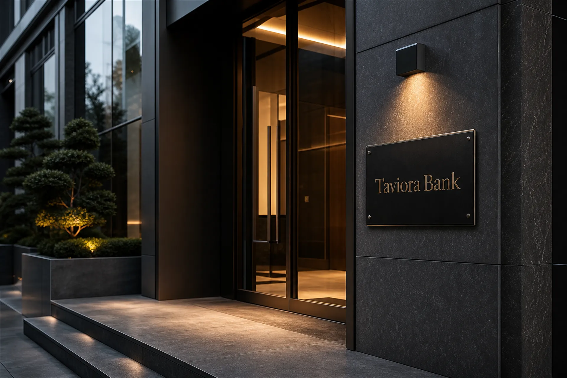 Taviora Bank entrance with a bronze nameplate on dark stone, lit by a single downlight at dusk