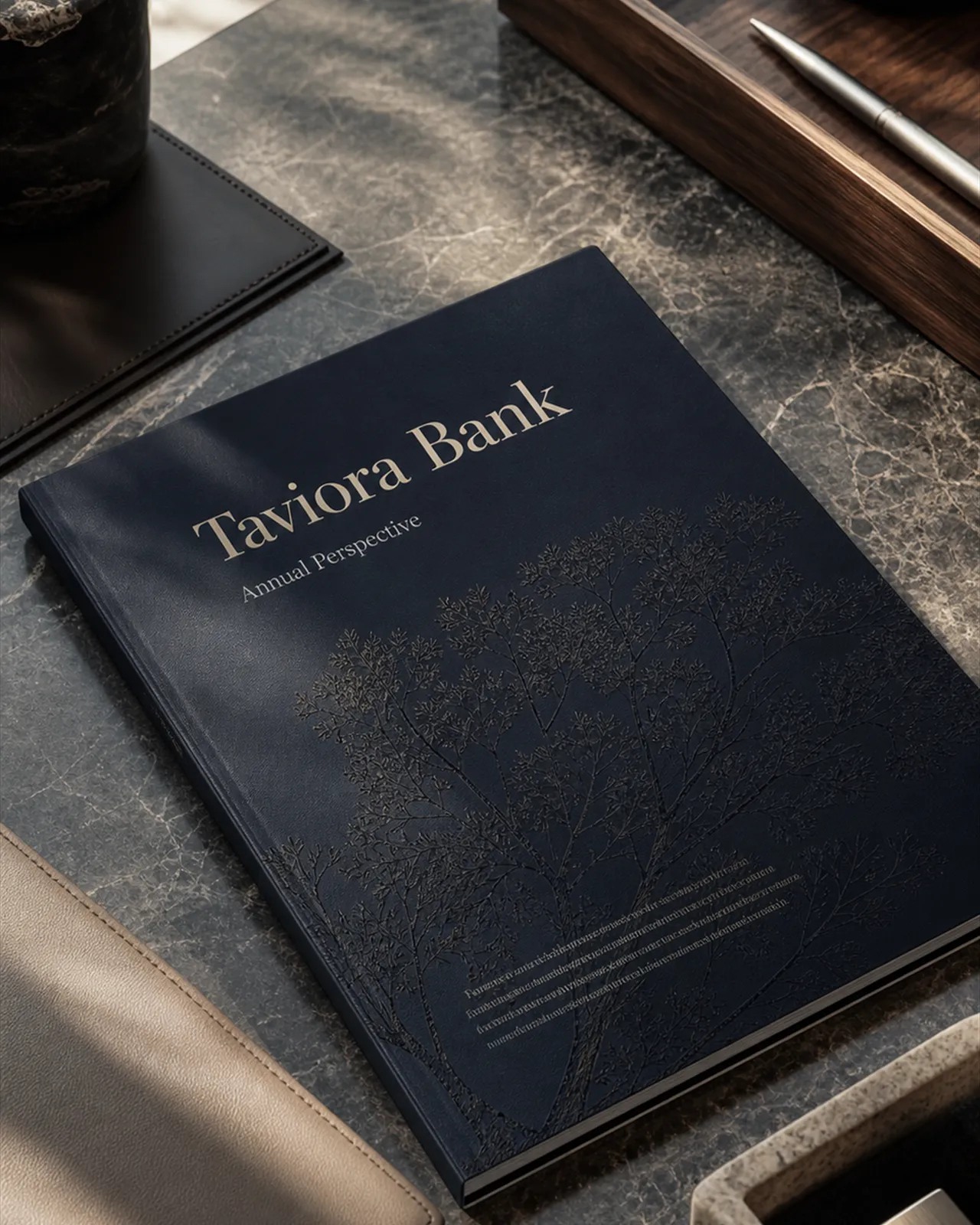 Taviora Bank Investment Review publication on a desk beside a notebook and glasses